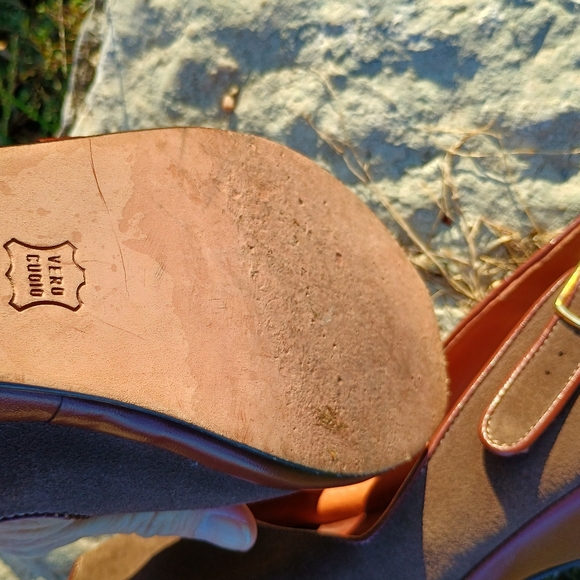 VTG, Sz 11 , Re-Mix Vintage Shoes, Los Angeles, brown suede peep toe sling backs - Picture 7 of 11